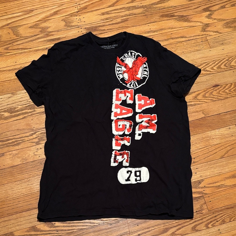 American Eagle Outfitters Black Tee with Red and White Graphics West Coast